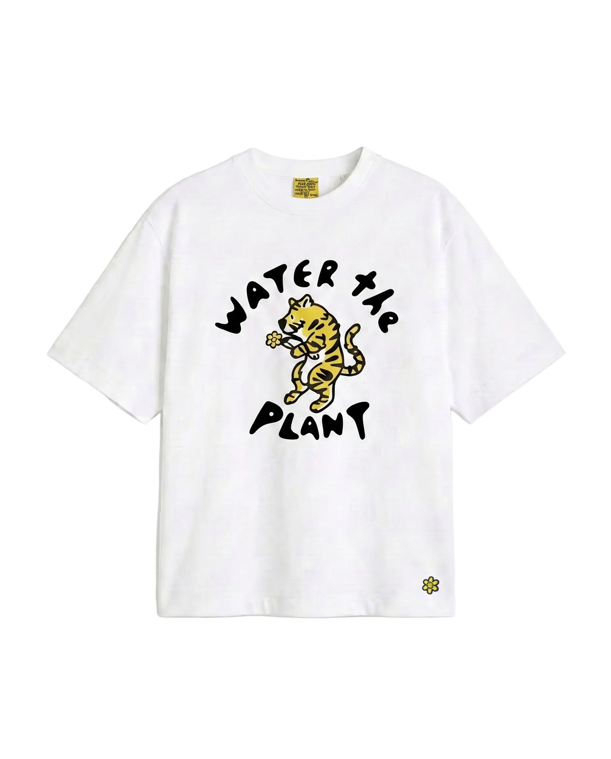 A white short-sleeve t-shirt featuring a graphic print of a yellow cartoon tiger and the text 'WATER THE PLANT' in black. A small yellow logo is visible on the bottom right hem.