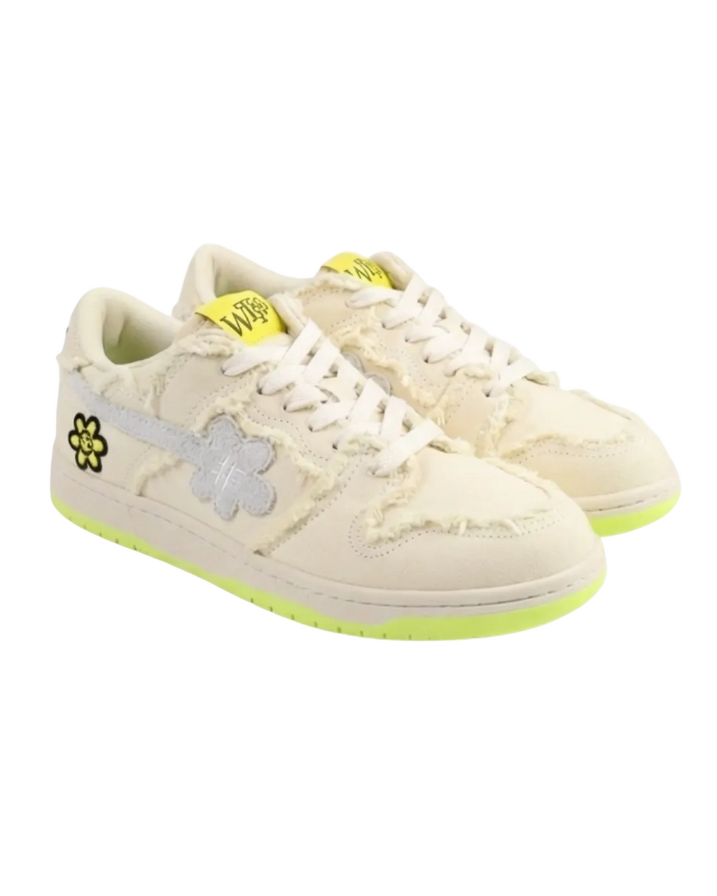 Beige sneakers with floral designs on a white background