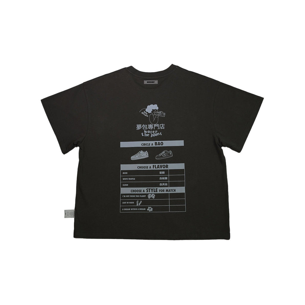 A black short-sleeve t-shirt with a white graphic print on the front, featuring a stylized logo and a table design with the text 'CHOICE & BAO'. The shirt is displayed flat against a plain white background.