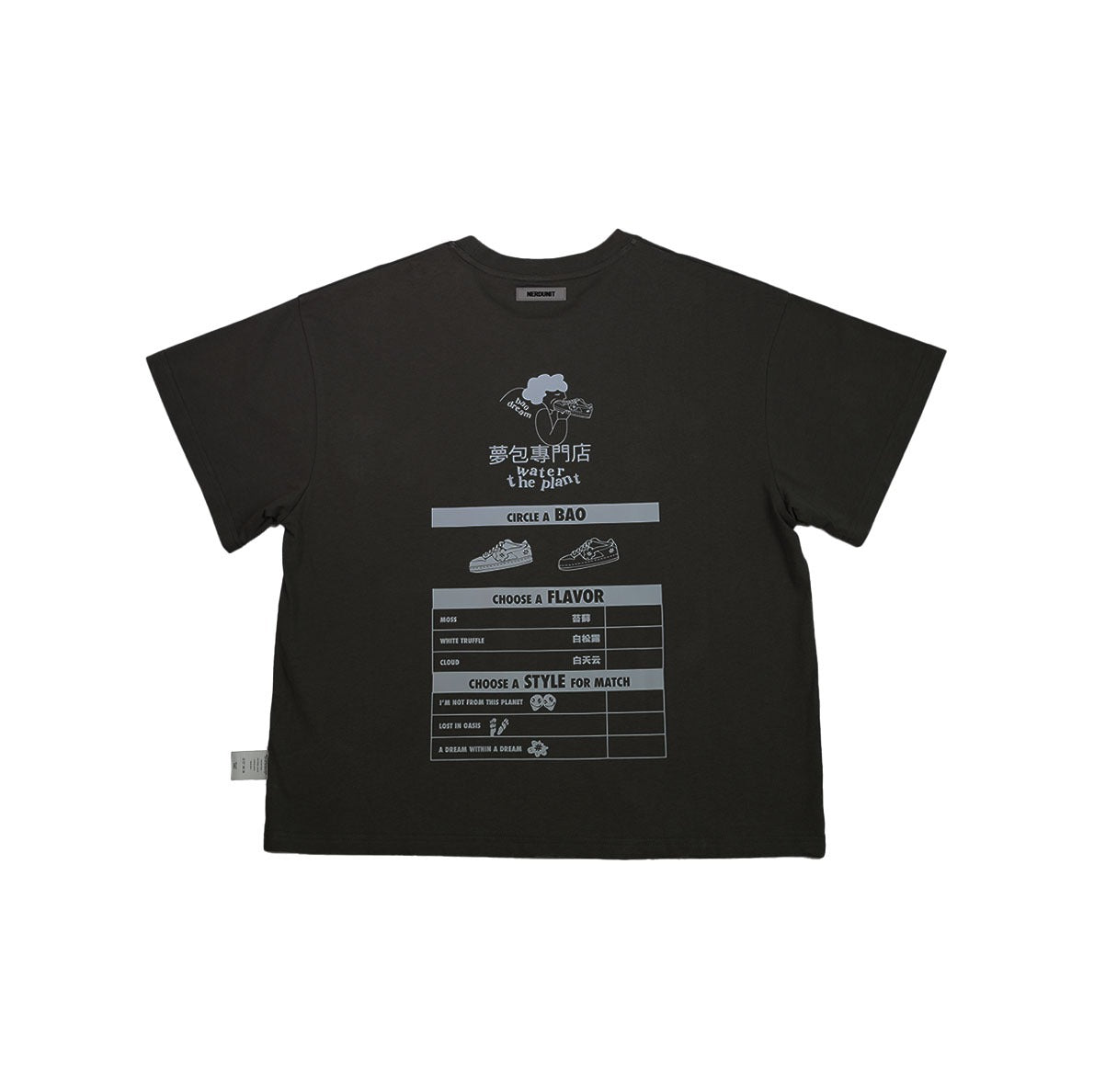 A black short-sleeve t-shirt with a white graphic print on the front, featuring a stylized logo and a table design with the text 'CHOICE & BAO'. The shirt is displayed flat against a plain white background.