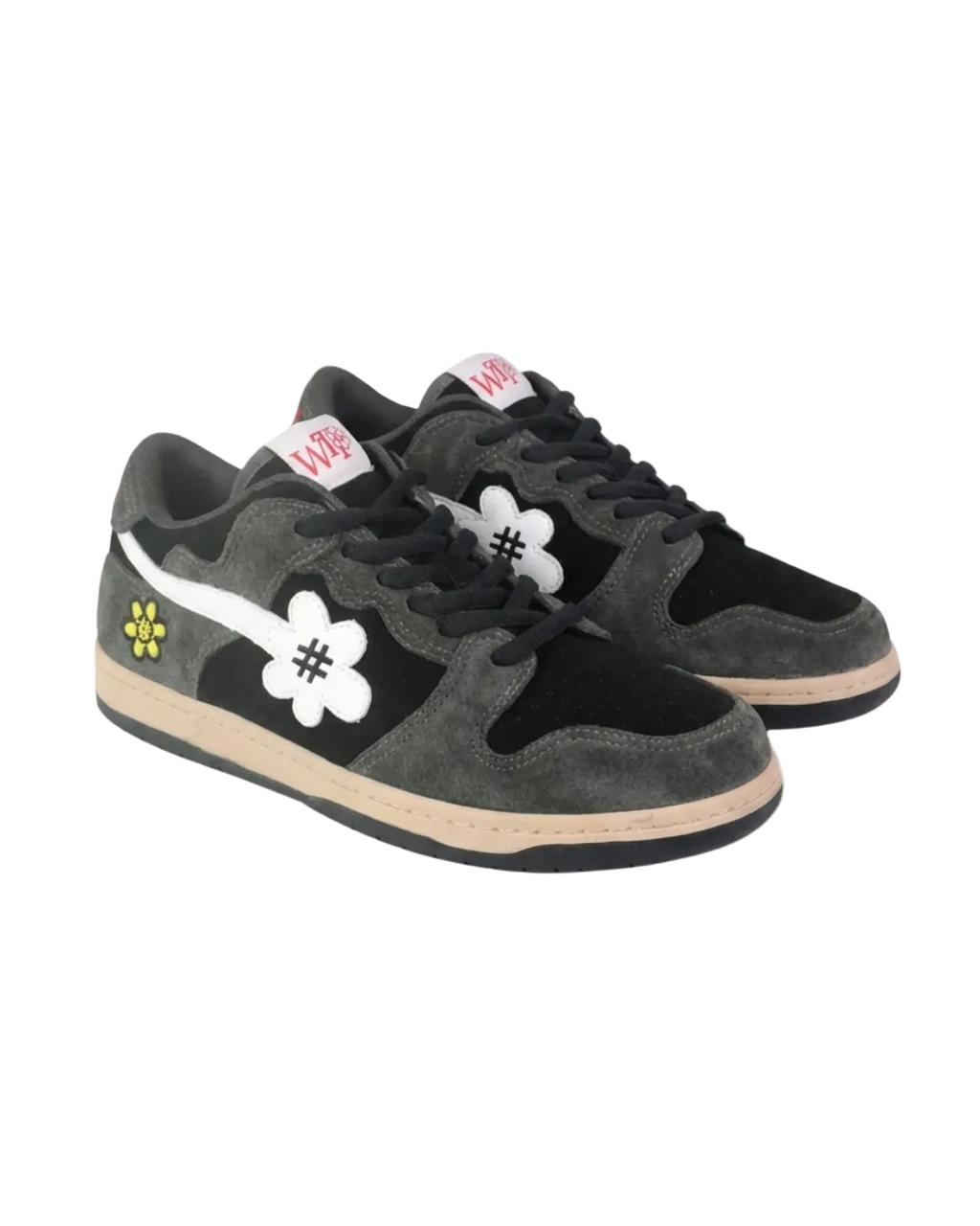 Pair of black and gray sneakers with unique designs on a white background