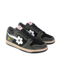 Pair of black and gray sneakers with unique designs on a white background