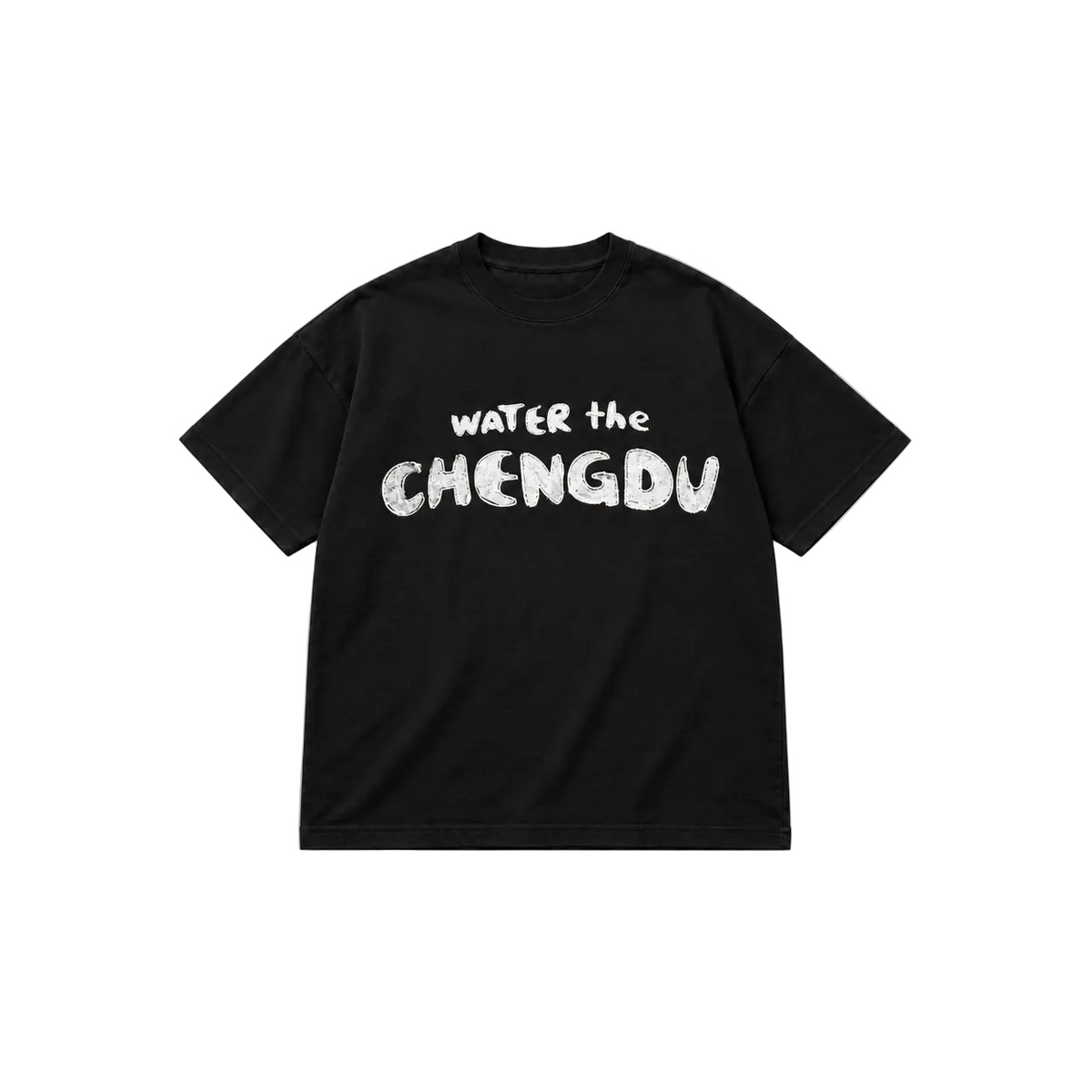 A black short-sleeve crewneck t-shirt with the phrase 'WATER the CHENGDU' printed in a distressed white font across the chest, displayed flat against a solid white background.