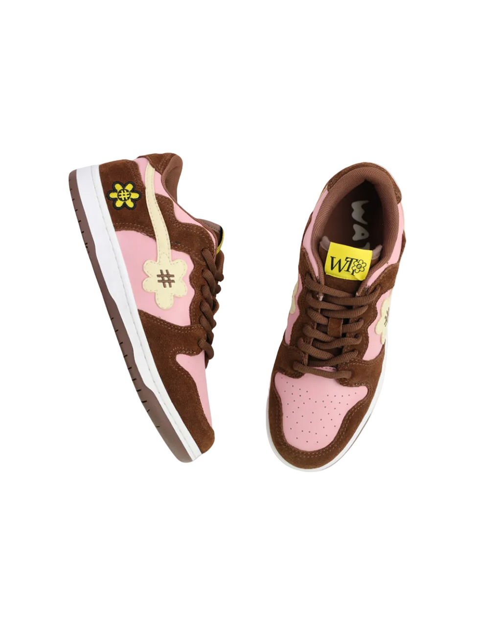 Pair of brown and pink sneakers with visible branding on a white background