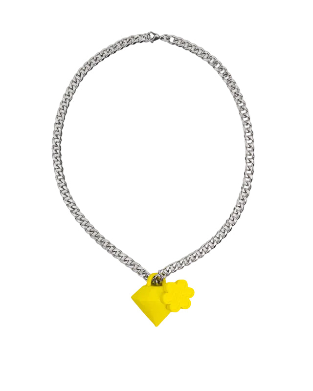 Necklace with a yellow flower-shaped pendant on a white background