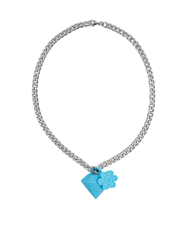 Necklace with a blue diamond-shaped pendant on a white background