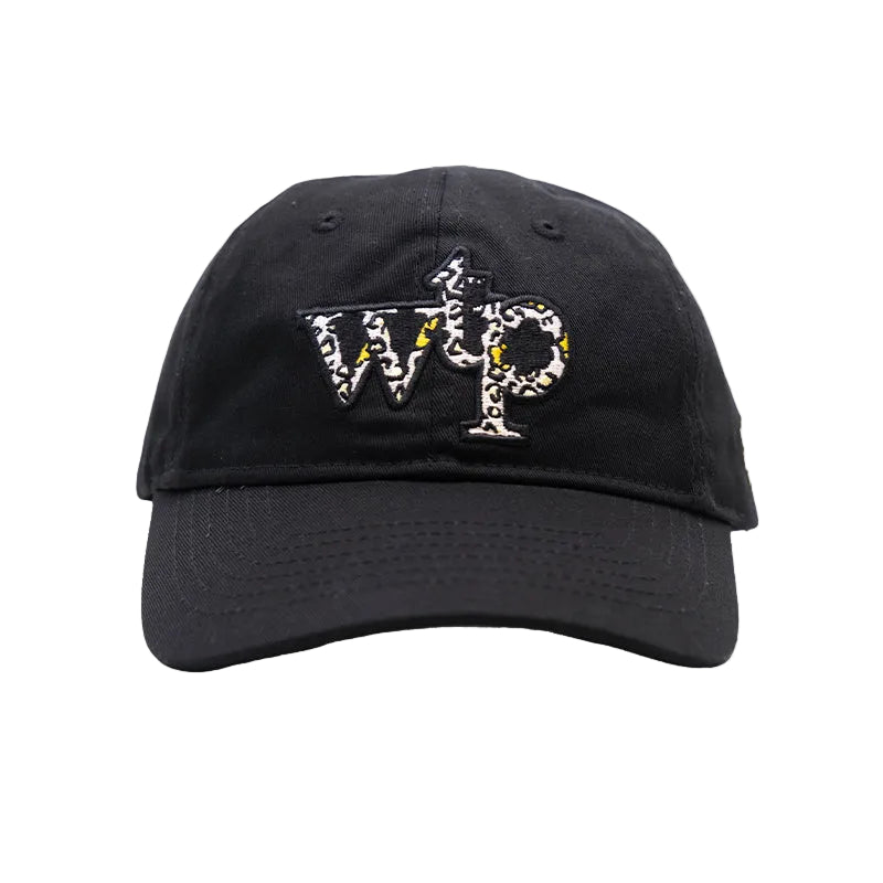 A black baseball cap featuring an embroidered 'WTP' logo on the front, where the letters are filled with a leopard print pattern in black, beige, and yellow.