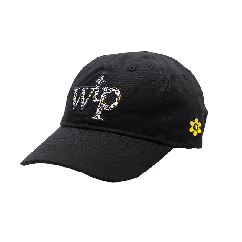 A black baseball cap featuring a stylized embroidered 'WTP' logo on the front in white and yellow, and a small yellow flower patch, shown against a plain white background.