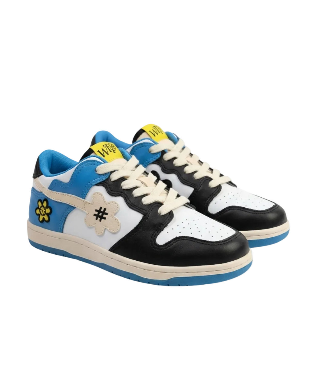 Pair of black, white, and blue sneakers with yellow accents on a white background