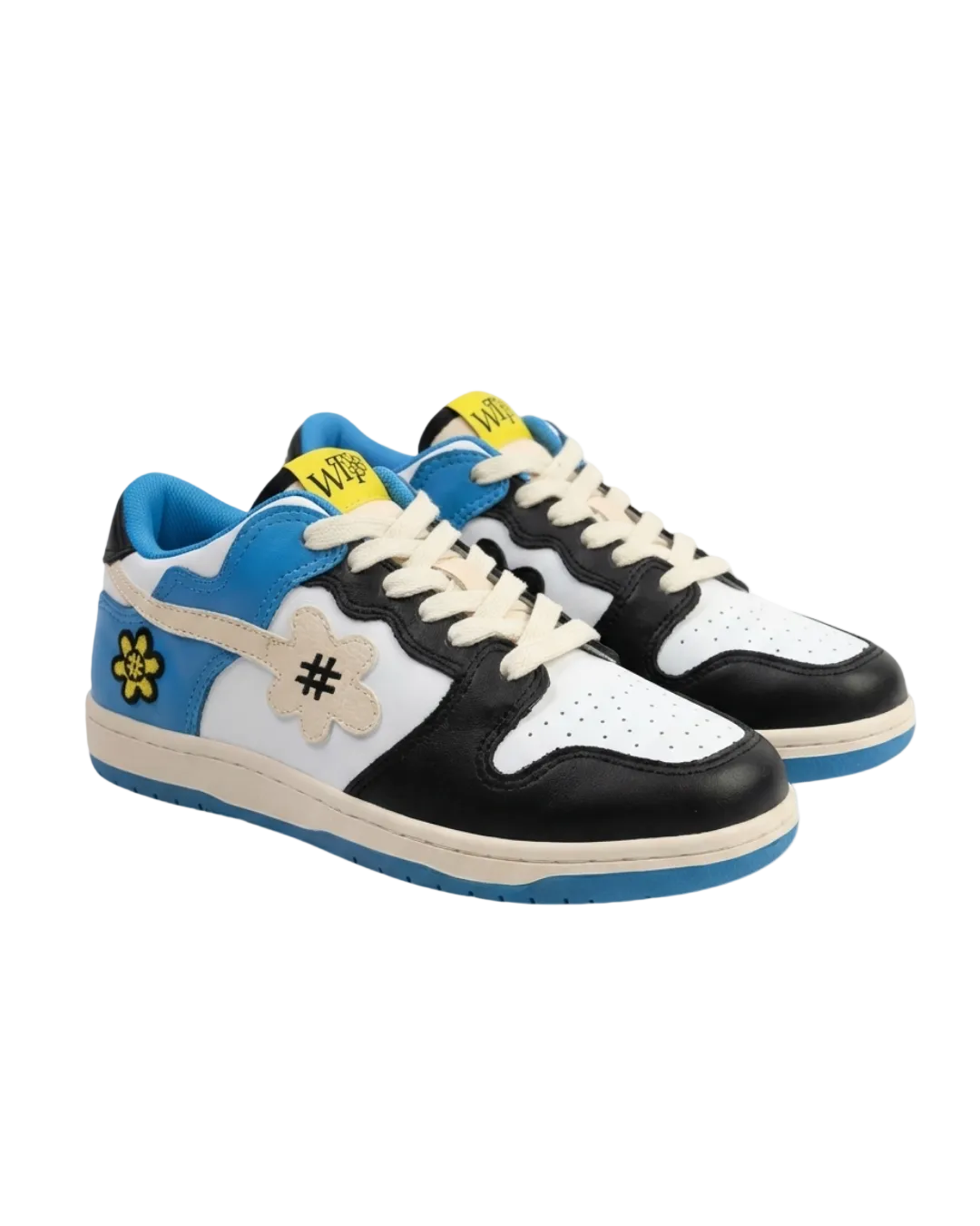 Pair of black, white, and blue sneakers with yellow accents on a white background