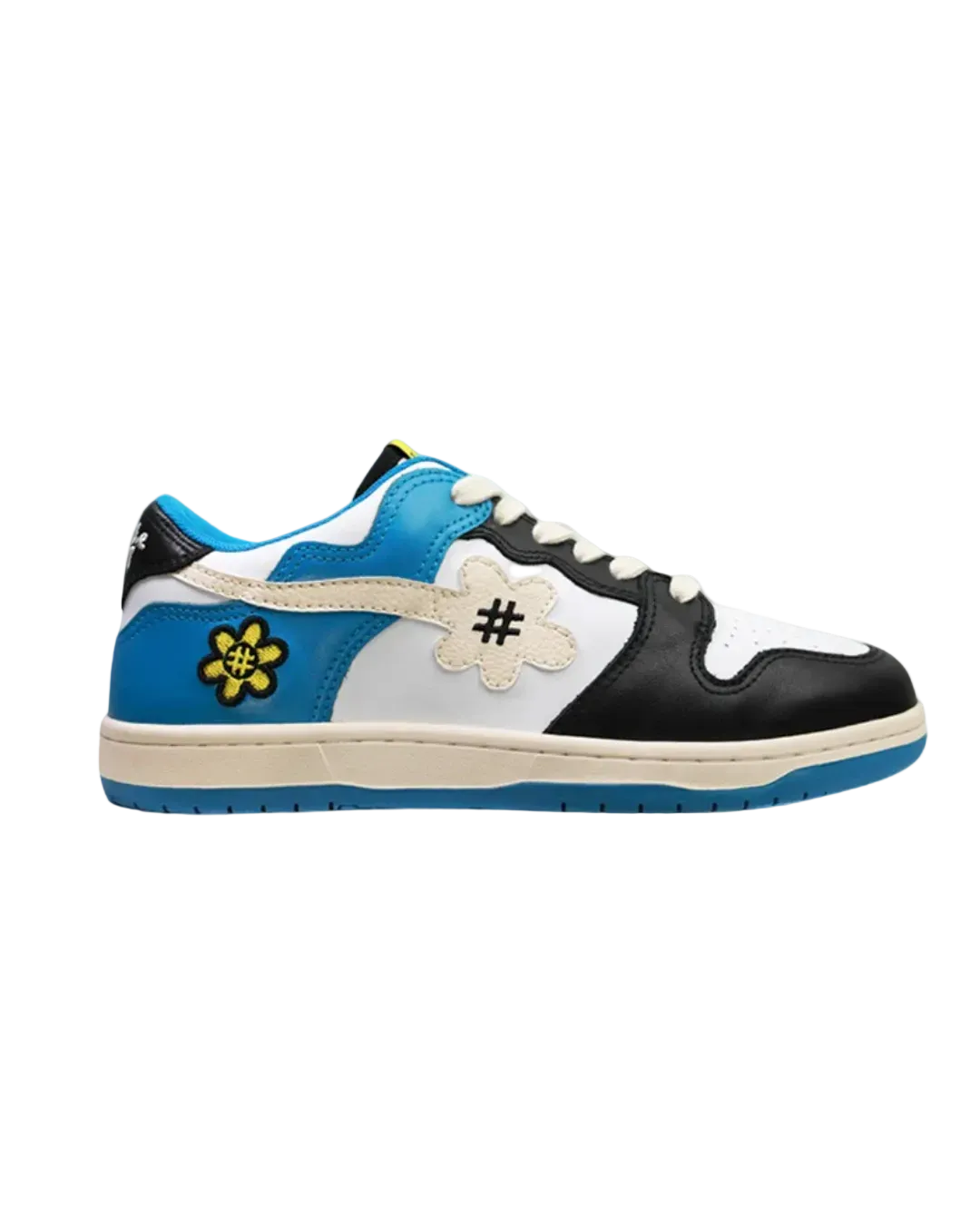 Sneaker with blue, black, and white design on a white background