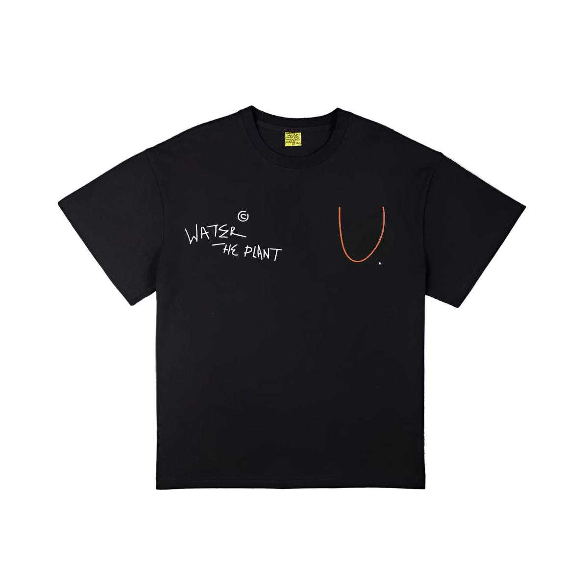 Black t-shirt with white and orange WATER THE PLANT text and graphics on a white background