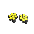 Two yellow flower-shaped objects with black centers on a white background