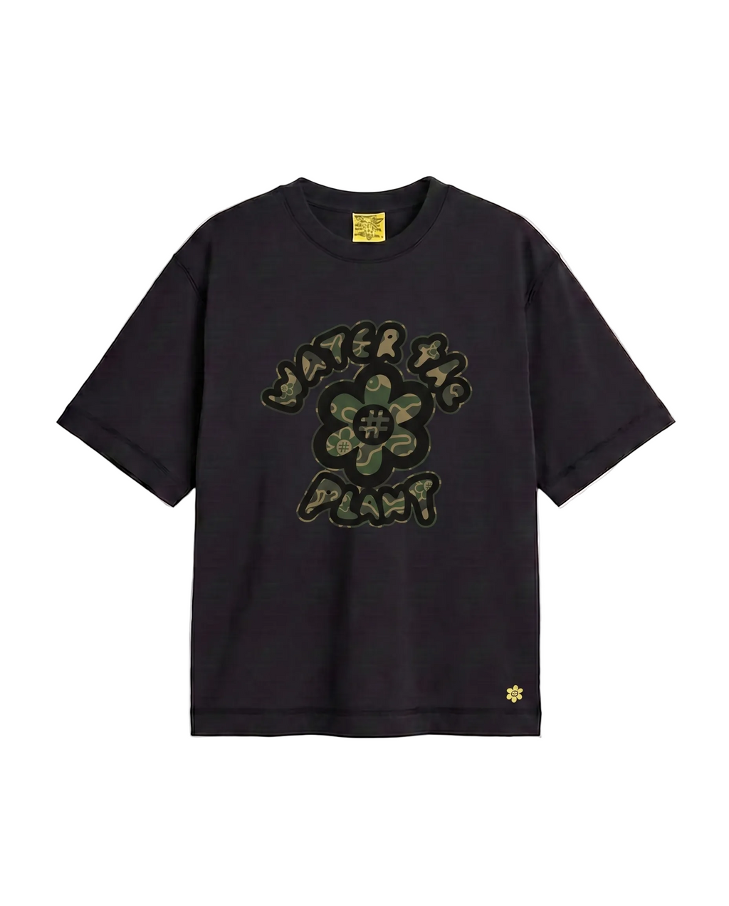 A black short-sleeve t-shirt with a green camouflage graphic on the front that reads 'WATER THE PLANT' around a flower motif, shown on a plain white background.