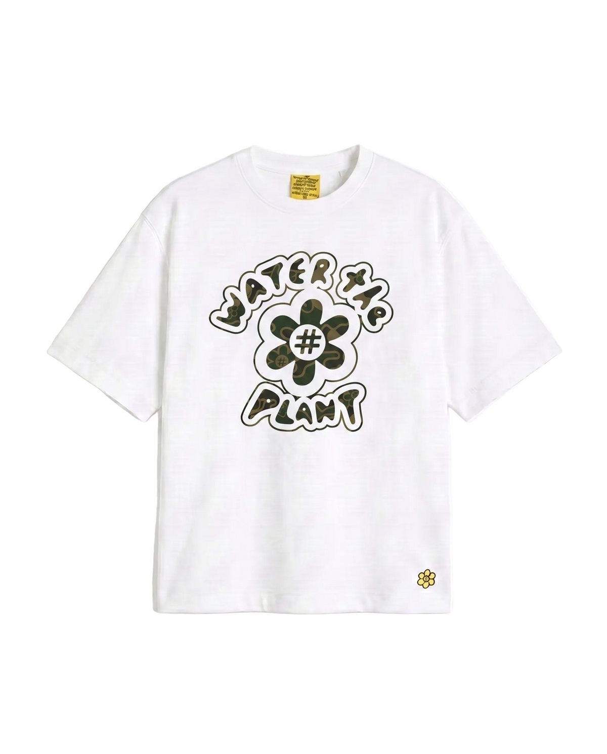 A white short-sleeve t-shirt with a retro-style graphic on the front featuring a flower and the words 'WATER THE PLANT' in a dark olive green and black outline. A small yellow logo is visible on the bottom right hem and on the inner neck label.