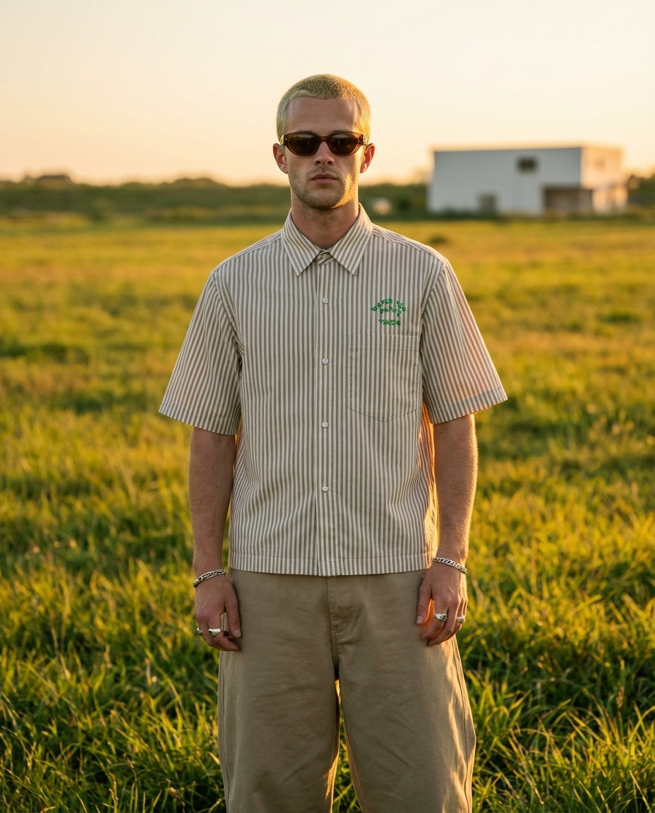 "SUNDAY" Stripe Shirt | Khaki